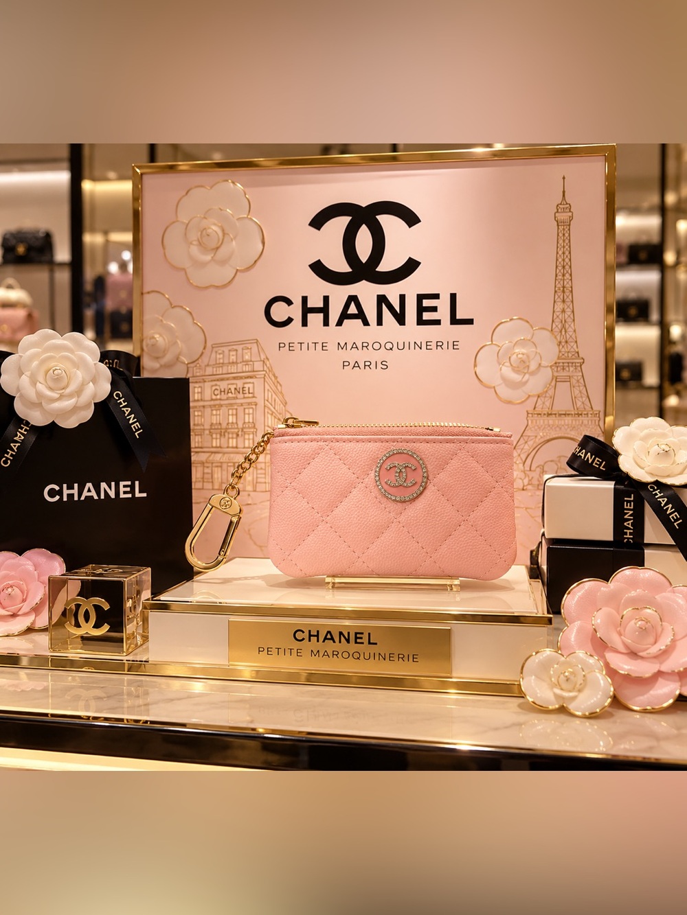 Pink Quilted Key & Card Pouch with Gold Chain